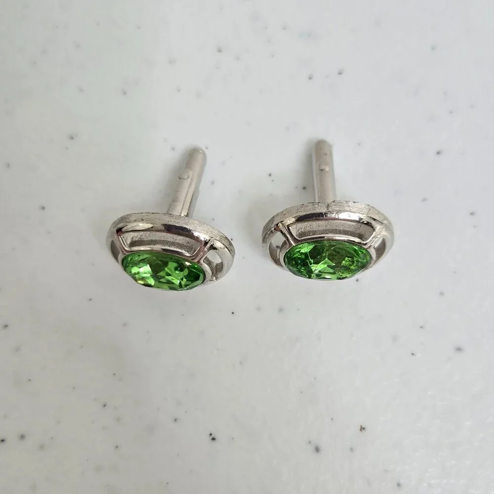 Swank Green Rhinestone Cufflinks Silver Tone Mens Oval Crystal Vintage